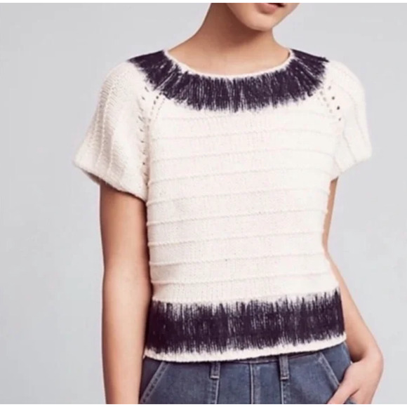 Field Flower Sweaters - Women's Cream Short-Sleeve Knit Sweater with Black Ombre Trim